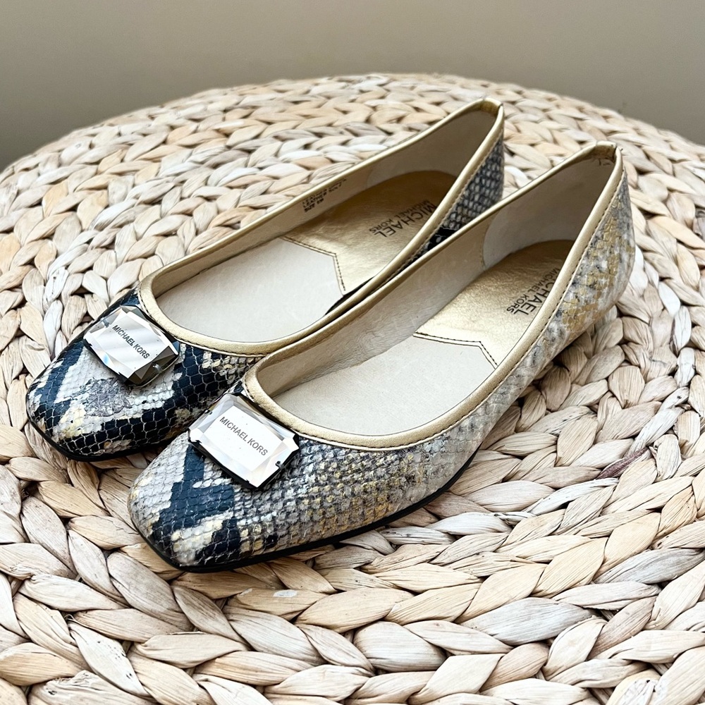 Michael Kors gold snake skin embossed slip on flats